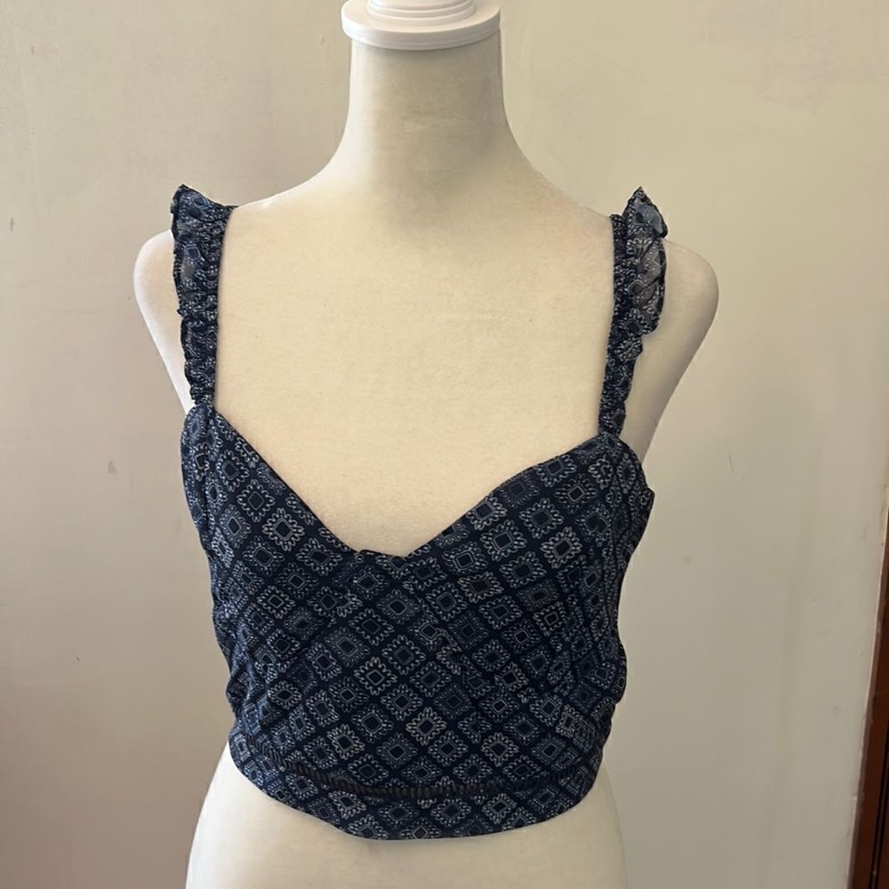 Kendall + Kylie navy patterned crop top with ruffle straps Size M NWOT